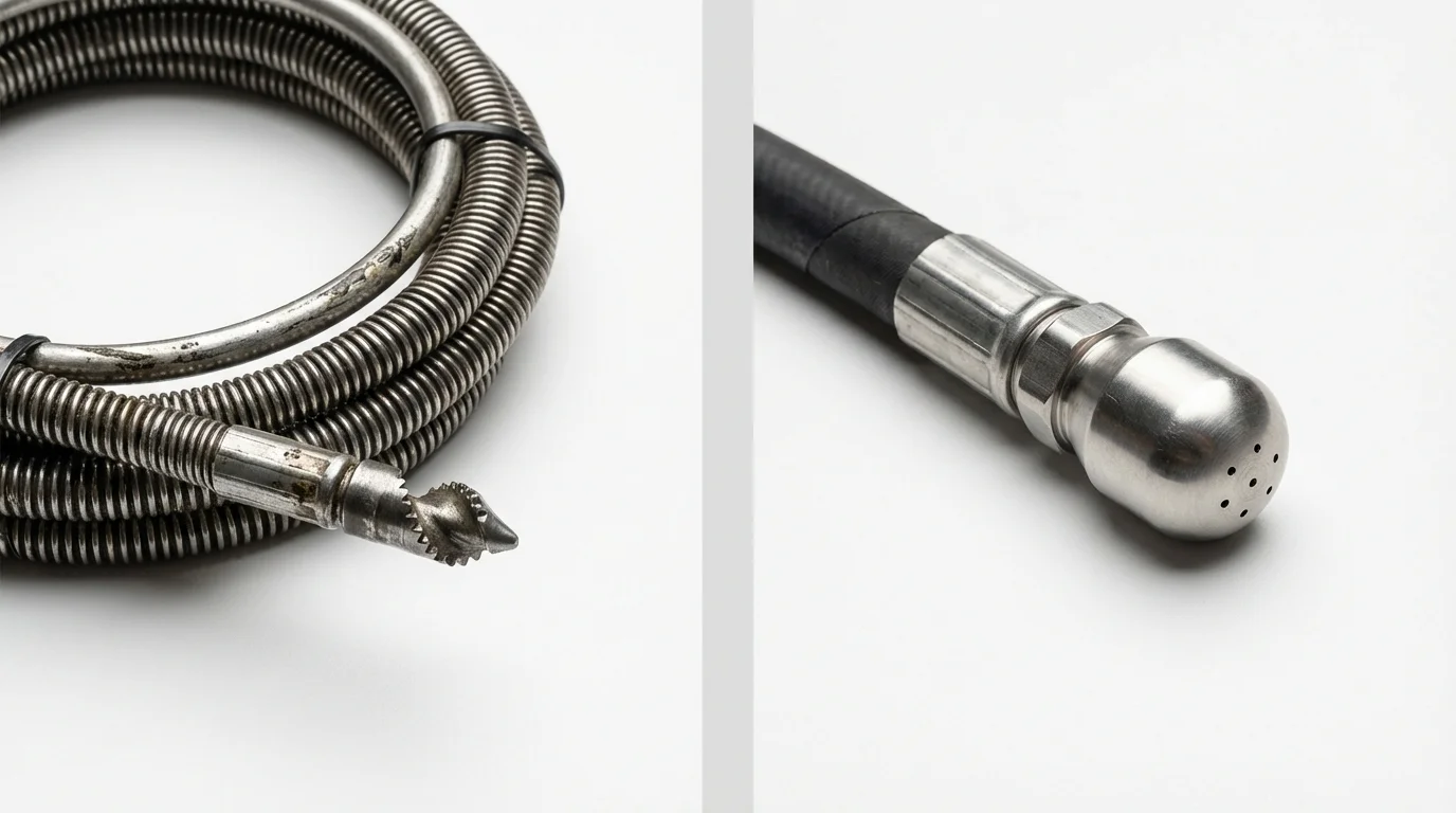 Drain snake cable and hydro jetting nozzle used for drain cleaning in Madison, CT