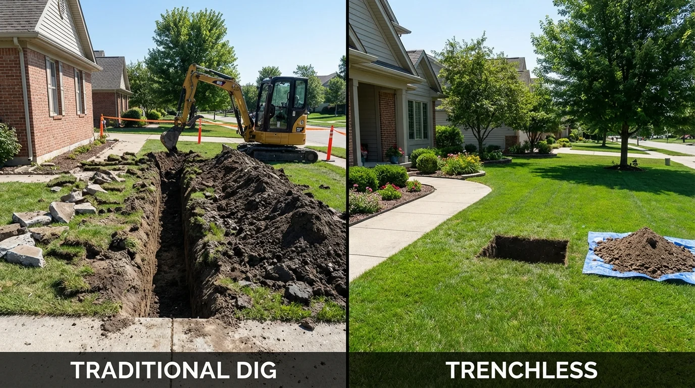 Trenchless sewer repair with minimal yard damage versus traditional excavation in Madison, CT