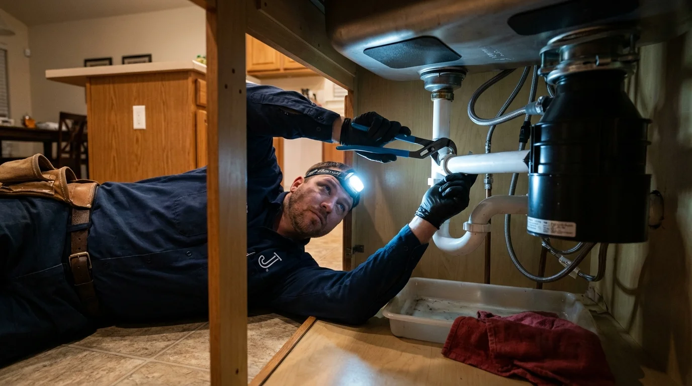P-trap and supply line connections under a kitchen sink showing a common leak point in Madison, CT